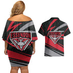 Essendon Bombers Australian Football Couples Matching Off Shoulder Short Dress and Hawaiian Shirt Skeeta Mascot With Indigenous Pattern Art