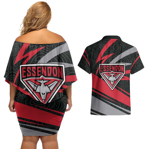 Essendon Bombers Australian Football Couples Matching Off Shoulder Short Dress and Hawaiian Shirt Skeeta Mascot With Indigenous Pattern Art