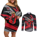 Essendon Bombers Australian Football Couples Matching Off Shoulder Short Dress and Long Sleeve Button Shirt Skeeta Mascot With Indigenous Pattern Art
