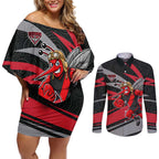 Essendon Bombers Australian Football Couples Matching Off Shoulder Short Dress and Long Sleeve Button Shirt Skeeta Mascot With Indigenous Pattern Art
