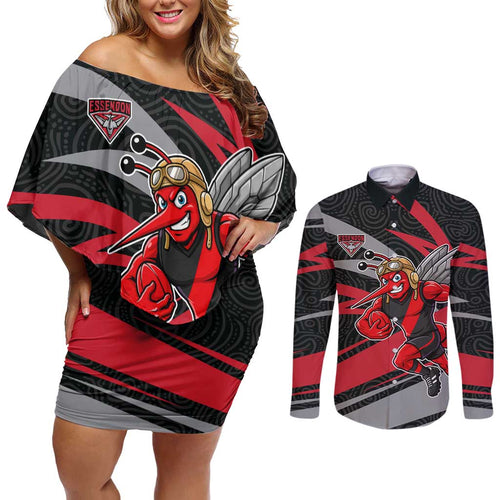 Essendon Bombers Australian Football Couples Matching Off Shoulder Short Dress and Long Sleeve Button Shirt Skeeta Mascot With Indigenous Pattern Art