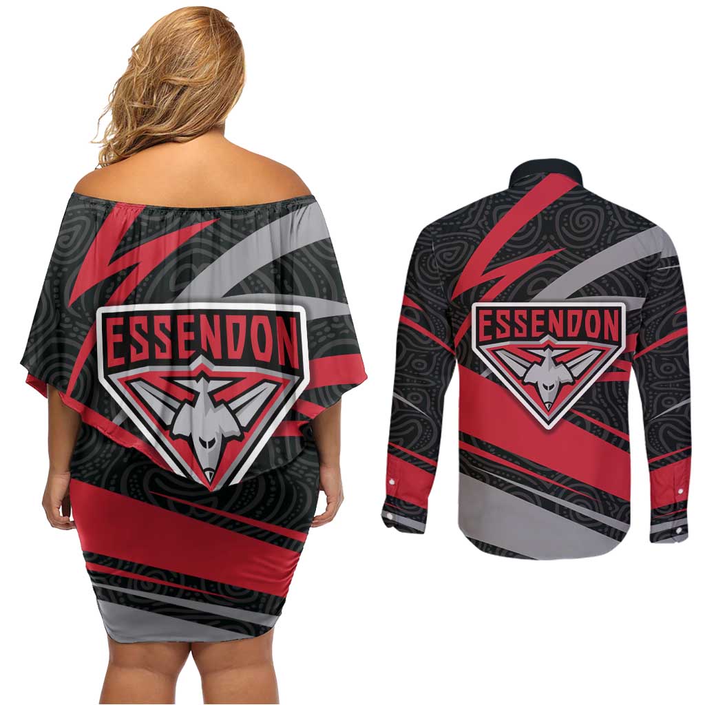 Essendon Bombers Australian Football Couples Matching Off Shoulder Short Dress and Long Sleeve Button Shirt Skeeta Mascot With Indigenous Pattern Art