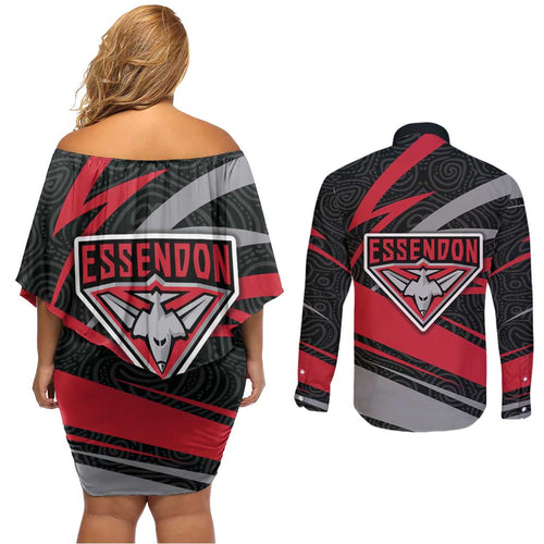 Essendon Bombers Australian Football Couples Matching Off Shoulder Short Dress and Long Sleeve Button Shirt Skeeta Mascot With Indigenous Pattern Art