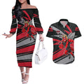 Essendon Bombers Australian Football Couples Matching Off The Shoulder Long Sleeve Dress and Hawaiian Shirt Skeeta Mascot With Indigenous Pattern Art