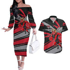 Essendon Bombers Australian Football Couples Matching Off The Shoulder Long Sleeve Dress and Hawaiian Shirt Skeeta Mascot With Indigenous Pattern Art