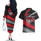 Essendon Bombers Australian Football Couples Matching Off The Shoulder Long Sleeve Dress and Hawaiian Shirt Skeeta Mascot With Indigenous Pattern Art