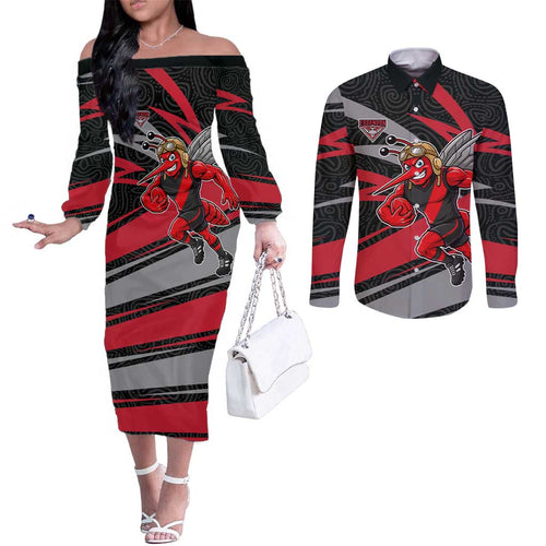 Essendon Bombers Australian Football Couples Matching Off The Shoulder Long Sleeve Dress and Long Sleeve Button Shirt Skeeta Mascot With Indigenous Pattern Art