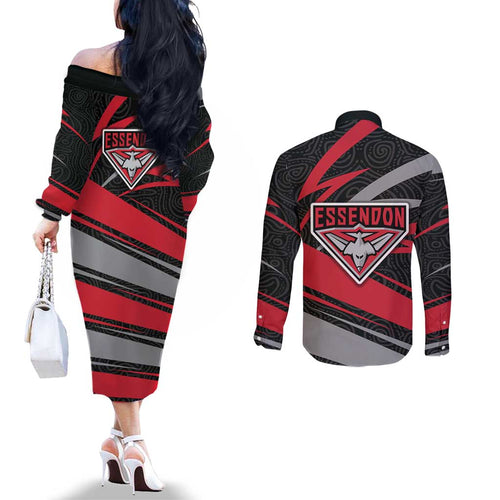 Essendon Bombers Australian Football Couples Matching Off The Shoulder Long Sleeve Dress and Long Sleeve Button Shirt Skeeta Mascot With Indigenous Pattern Art