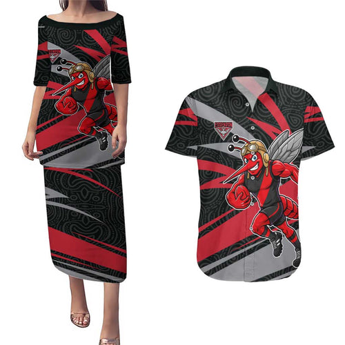 Essendon Bombers Australian Football Couples Matching Puletasi and Hawaiian Shirt Skeeta Mascot With Indigenous Pattern Art