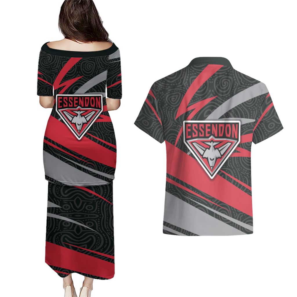 Essendon Bombers Australian Football Couples Matching Puletasi and Hawaiian Shirt Skeeta Mascot With Indigenous Pattern Art