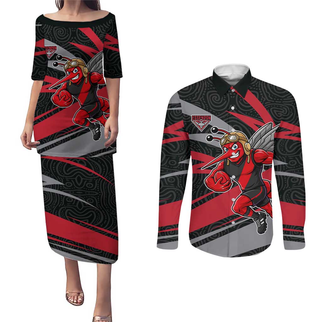 Essendon Bombers Australian Football Couples Matching Puletasi and Long Sleeve Button Shirt Skeeta Mascot With Indigenous Pattern Art