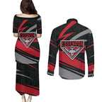 Essendon Bombers Australian Football Couples Matching Puletasi and Long Sleeve Button Shirt Skeeta Mascot With Indigenous Pattern Art