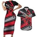 Essendon Bombers Australian Football Couples Matching Short Sleeve Bodycon Dress and Hawaiian Shirt Skeeta Mascot With Indigenous Pattern Art