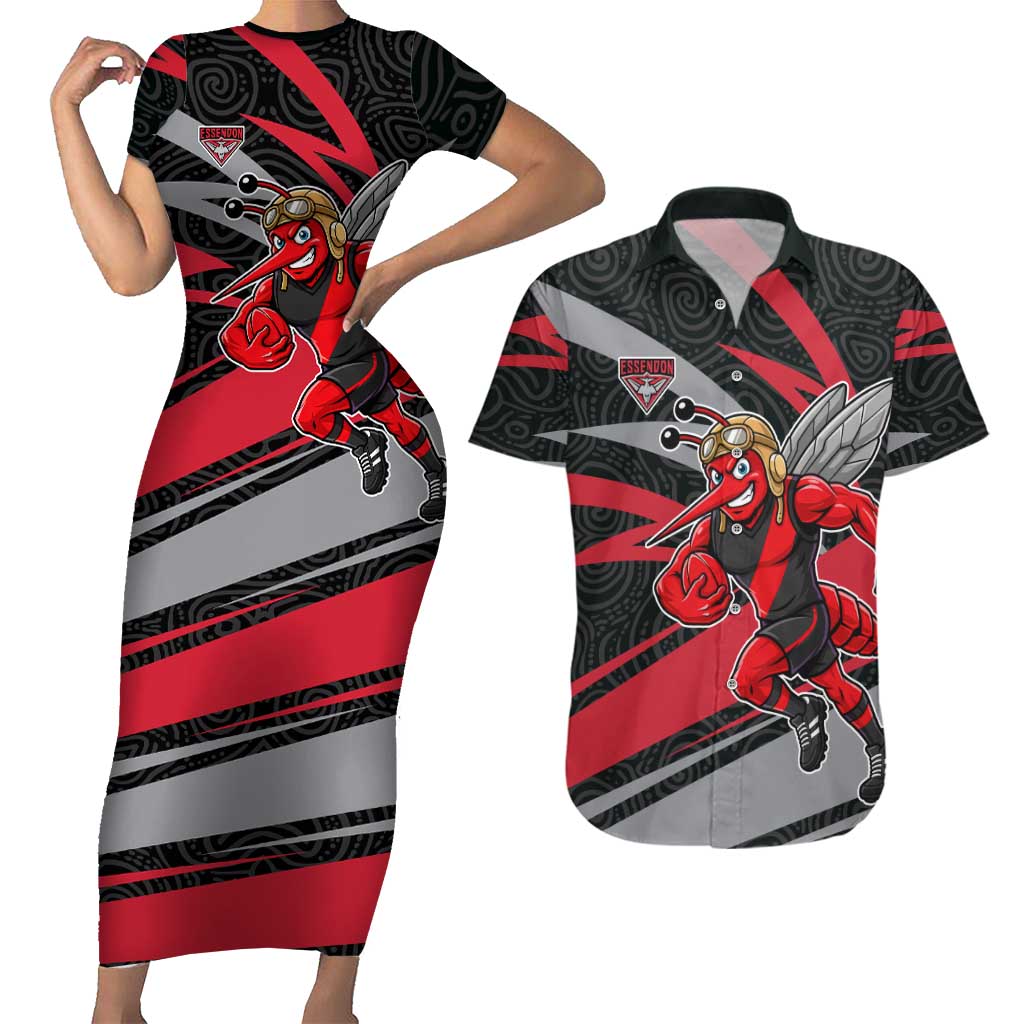 Essendon Bombers Australian Football Couples Matching Short Sleeve Bodycon Dress and Hawaiian Shirt Skeeta Mascot With Indigenous Pattern Art