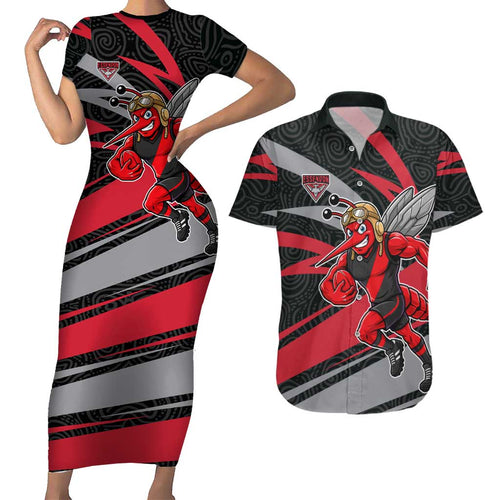 Essendon Bombers Australian Football Couples Matching Short Sleeve Bodycon Dress and Hawaiian Shirt Skeeta Mascot With Indigenous Pattern Art