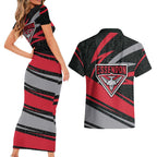 Essendon Bombers Australian Football Couples Matching Short Sleeve Bodycon Dress and Hawaiian Shirt Skeeta Mascot With Indigenous Pattern Art