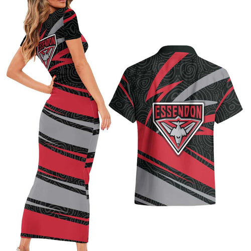 Essendon Bombers Australian Football Couples Matching Short Sleeve Bodycon Dress and Hawaiian Shirt Skeeta Mascot With Indigenous Pattern Art