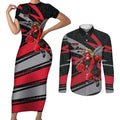 Essendon Bombers Australian Football Couples Matching Short Sleeve Bodycon Dress and Long Sleeve Button Shirt Skeeta Mascot With Indigenous Pattern Art