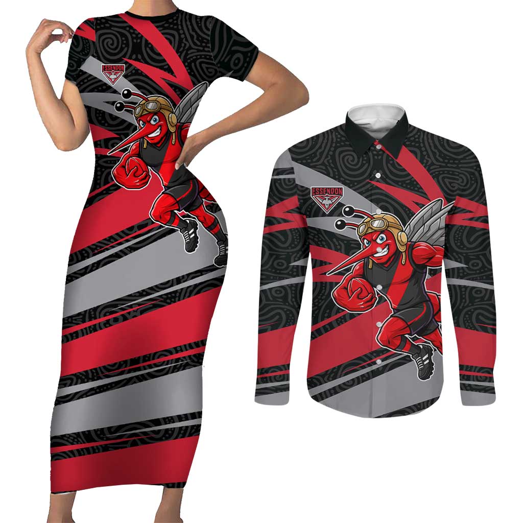 Essendon Bombers Australian Football Couples Matching Short Sleeve Bodycon Dress and Long Sleeve Button Shirt Skeeta Mascot With Indigenous Pattern Art