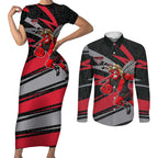 Essendon Bombers Australian Football Couples Matching Short Sleeve Bodycon Dress and Long Sleeve Button Shirt Skeeta Mascot With Indigenous Pattern Art