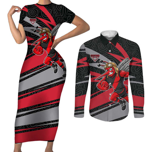 Essendon Bombers Australian Football Couples Matching Short Sleeve Bodycon Dress and Long Sleeve Button Shirt Skeeta Mascot With Indigenous Pattern Art
