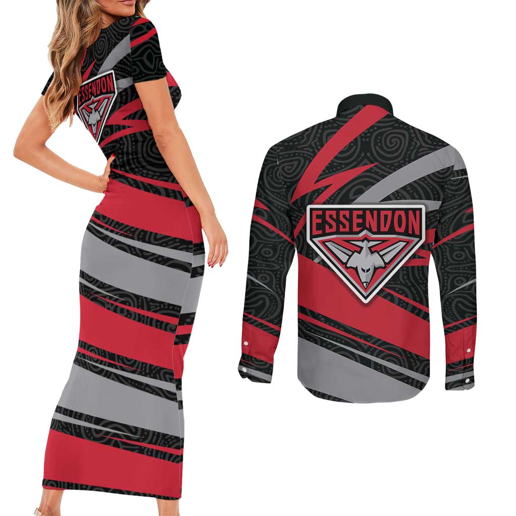 Essendon Bombers Australian Football Couples Matching Short Sleeve Bodycon Dress and Long Sleeve Button Shirt Skeeta Mascot With Indigenous Pattern Art