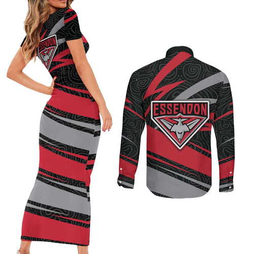 Essendon Bombers Australian Football Couples Matching Short Sleeve Bodycon Dress and Long Sleeve Button Shirt Skeeta Mascot With Indigenous Pattern Art