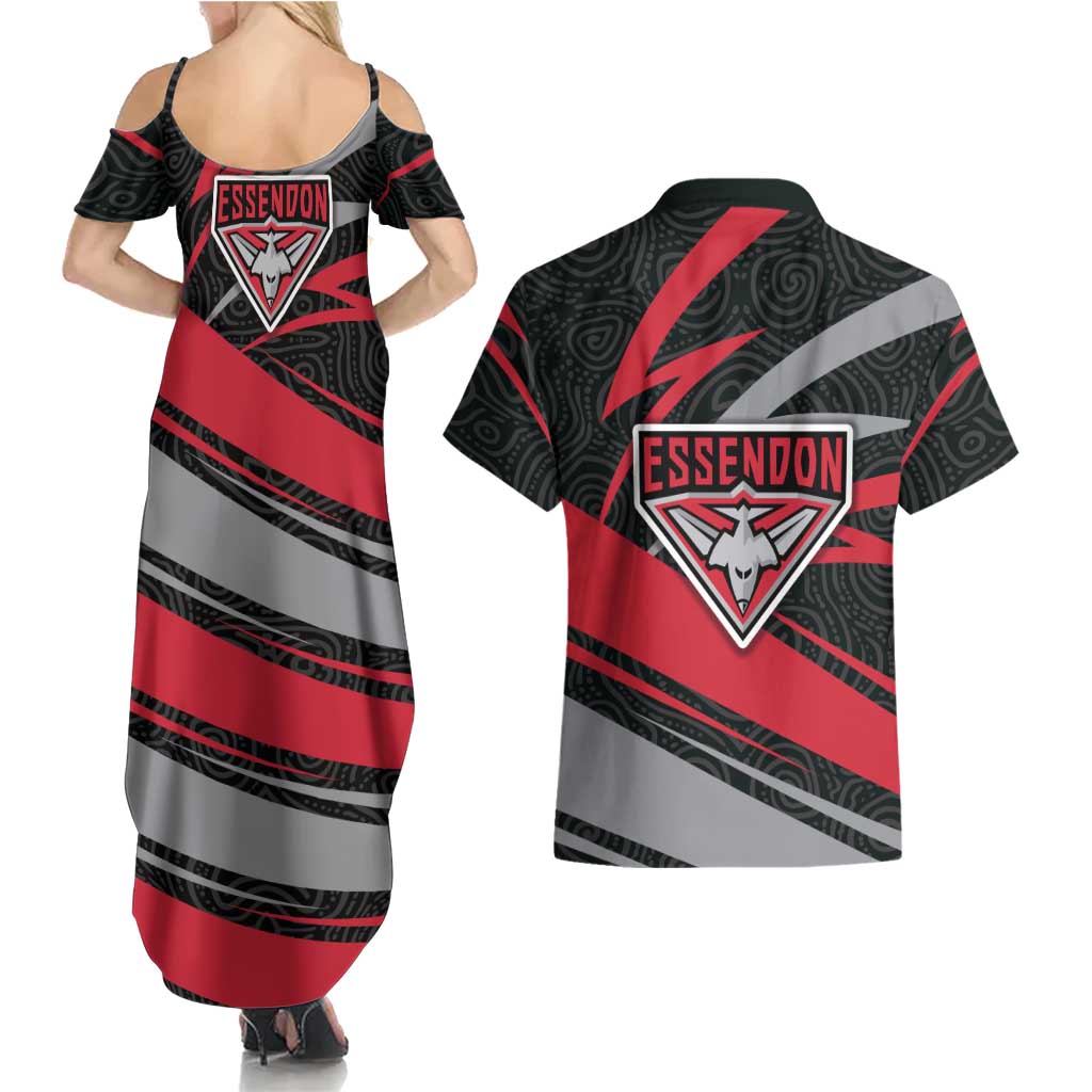 Essendon Bombers Australian Football Couples Matching Summer Maxi Dress and Hawaiian Shirt Skeeta Mascot With Indigenous Pattern Art