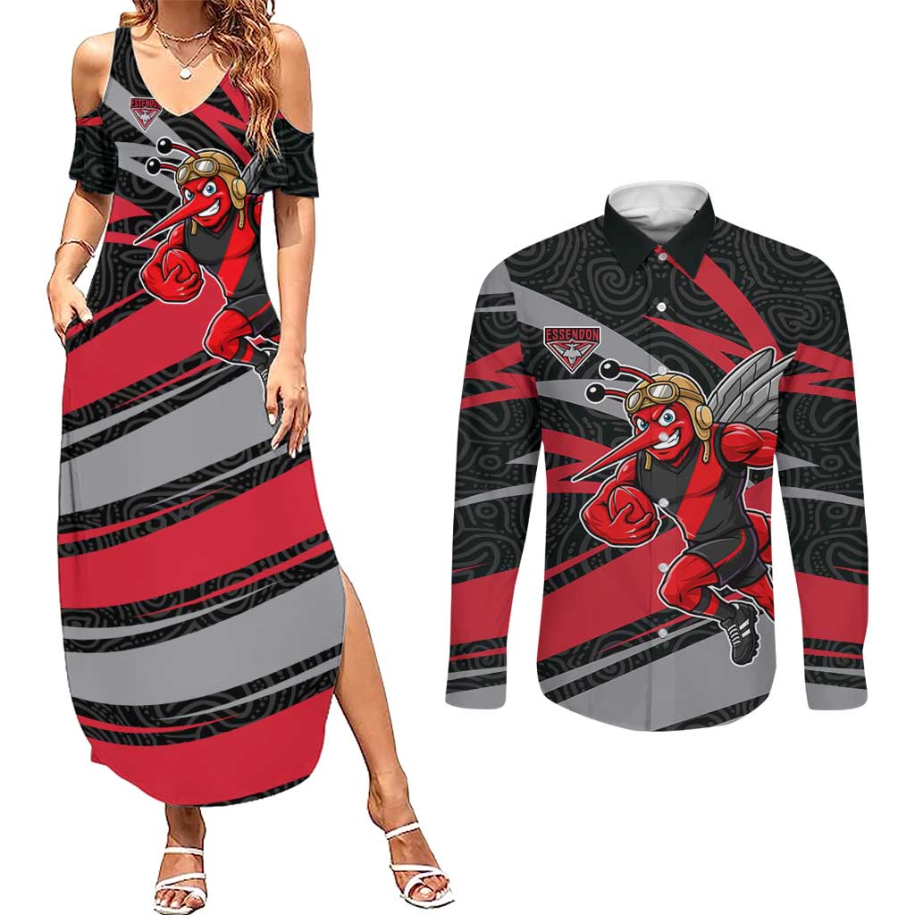 Essendon Bombers Australian Football Couples Matching Summer Maxi Dress and Long Sleeve Button Shirt Skeeta Mascot With Indigenous Pattern Art