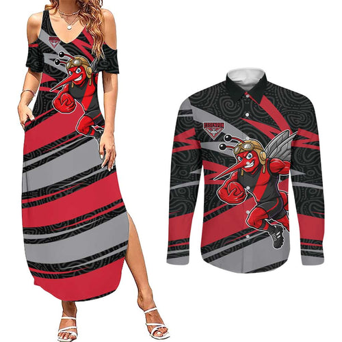 Essendon Bombers Australian Football Couples Matching Summer Maxi Dress and Long Sleeve Button Shirt Skeeta Mascot With Indigenous Pattern Art