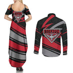 Essendon Bombers Australian Football Couples Matching Summer Maxi Dress and Long Sleeve Button Shirt Skeeta Mascot With Indigenous Pattern Art