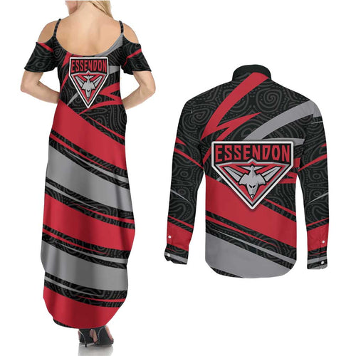 Essendon Bombers Australian Football Couples Matching Summer Maxi Dress and Long Sleeve Button Shirt Skeeta Mascot With Indigenous Pattern Art