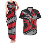 Essendon Bombers Australian Football Couples Matching Tank Maxi Dress and Hawaiian Shirt Skeeta Mascot With Indigenous Pattern Art