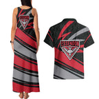 Essendon Bombers Australian Football Couples Matching Tank Maxi Dress and Hawaiian Shirt Skeeta Mascot With Indigenous Pattern Art