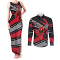 Essendon Bombers Australian Football Couples Matching Tank Maxi Dress and Long Sleeve Button Shirt Skeeta Mascot With Indigenous Pattern Art