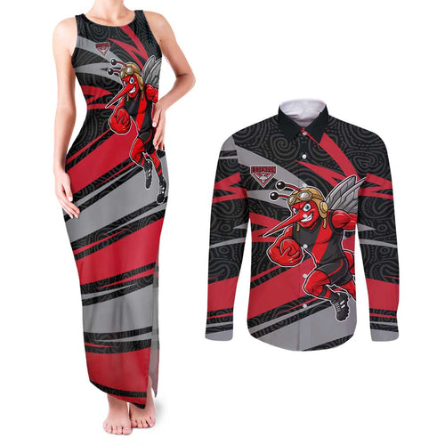 Essendon Bombers Australian Football Couples Matching Tank Maxi Dress and Long Sleeve Button Shirt Skeeta Mascot With Indigenous Pattern Art