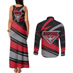 Essendon Bombers Australian Football Couples Matching Tank Maxi Dress and Long Sleeve Button Shirt Skeeta Mascot With Indigenous Pattern Art