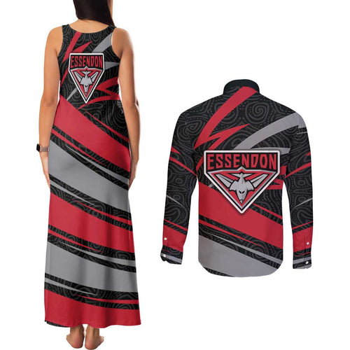 Essendon Bombers Australian Football Couples Matching Tank Maxi Dress and Long Sleeve Button Shirt Skeeta Mascot With Indigenous Pattern Art