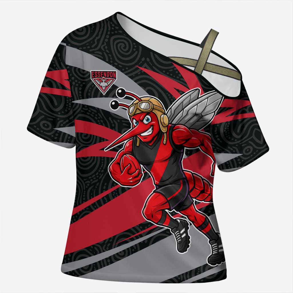 Essendon Bombers Australian Football Cross Shoulder Shirt Skeeta Mascot With Indigenous Pattern Art