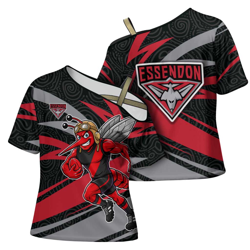 Essendon Bombers Australian Football Cross Shoulder Shirt Skeeta Mascot With Indigenous Pattern Art