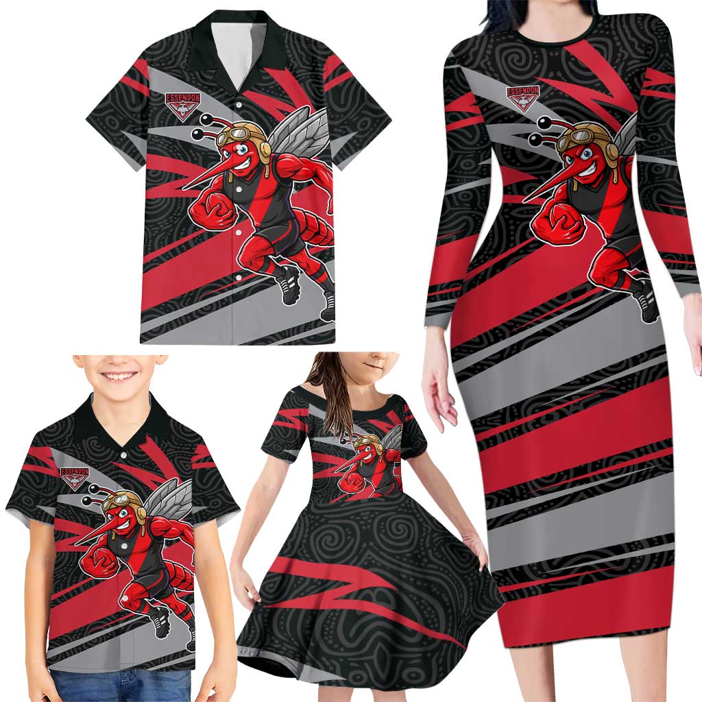 Essendon Bombers Australian Football Family Matching Long Sleeve Bodycon Dress and Hawaiian Shirt Skeeta Mascot With Indigenous Pattern Art