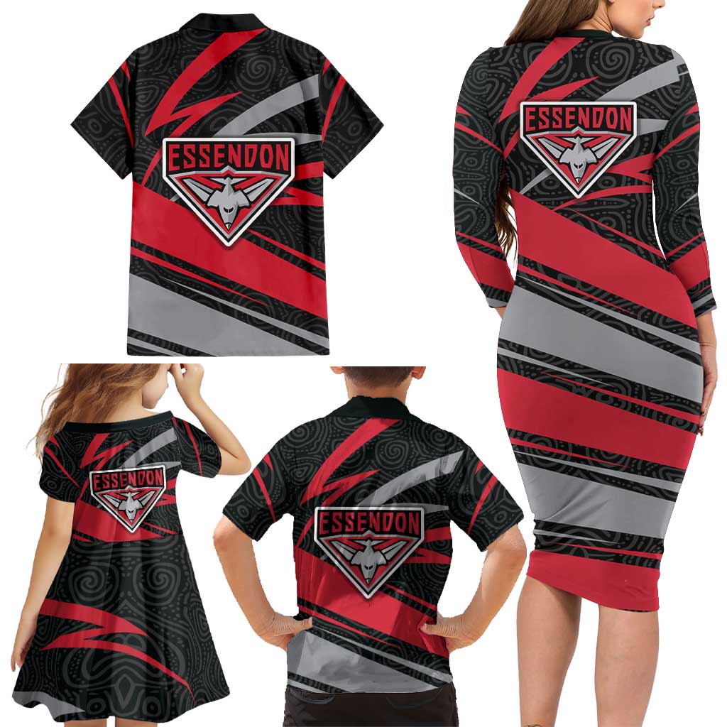 Essendon Bombers Australian Football Family Matching Long Sleeve Bodycon Dress and Hawaiian Shirt Skeeta Mascot With Indigenous Pattern Art
