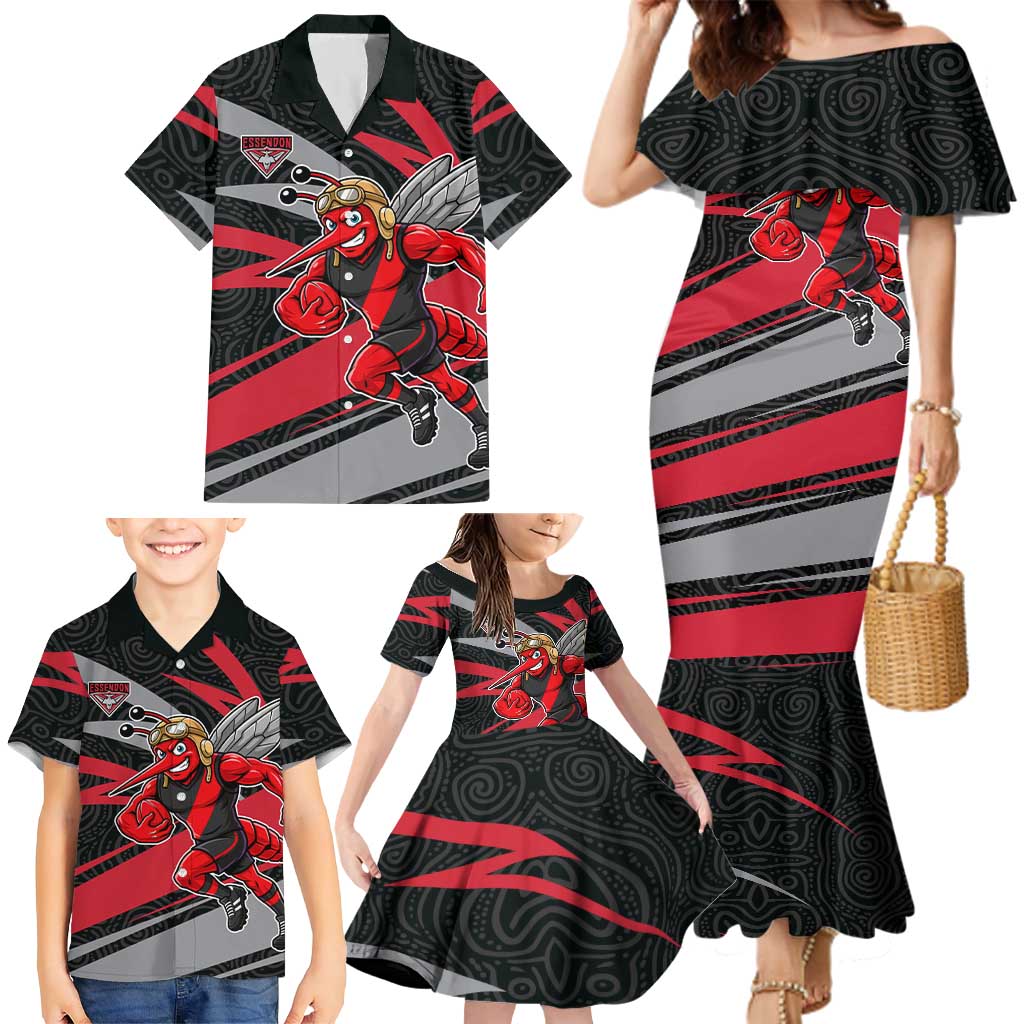 Essendon Bombers Australian Football Family Matching Mermaid Dress and Hawaiian Shirt Skeeta Mascot With Indigenous Pattern Art