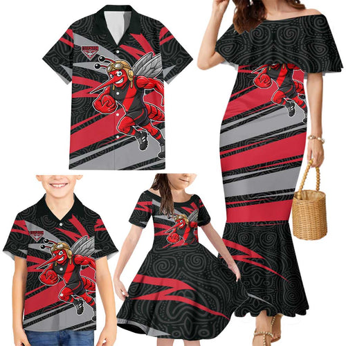 Essendon Bombers Australian Football Family Matching Mermaid Dress and Hawaiian Shirt Skeeta Mascot With Indigenous Pattern Art