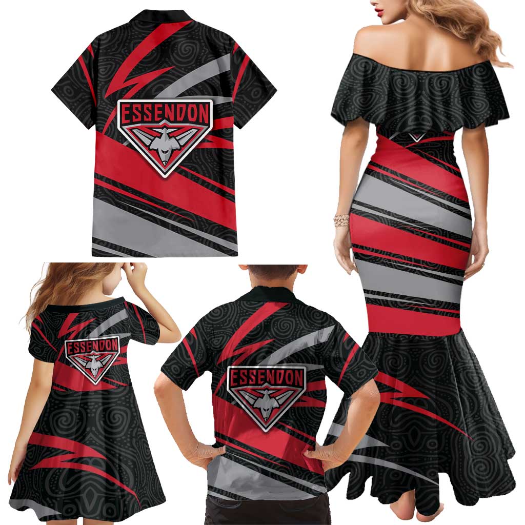 Essendon Bombers Australian Football Family Matching Mermaid Dress and Hawaiian Shirt Skeeta Mascot With Indigenous Pattern Art