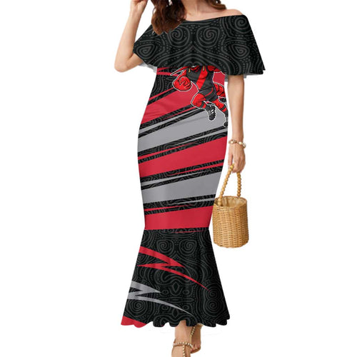 Essendon Bombers Australian Football Family Matching Mermaid Dress and Hawaiian Shirt Skeeta Mascot With Indigenous Pattern Art