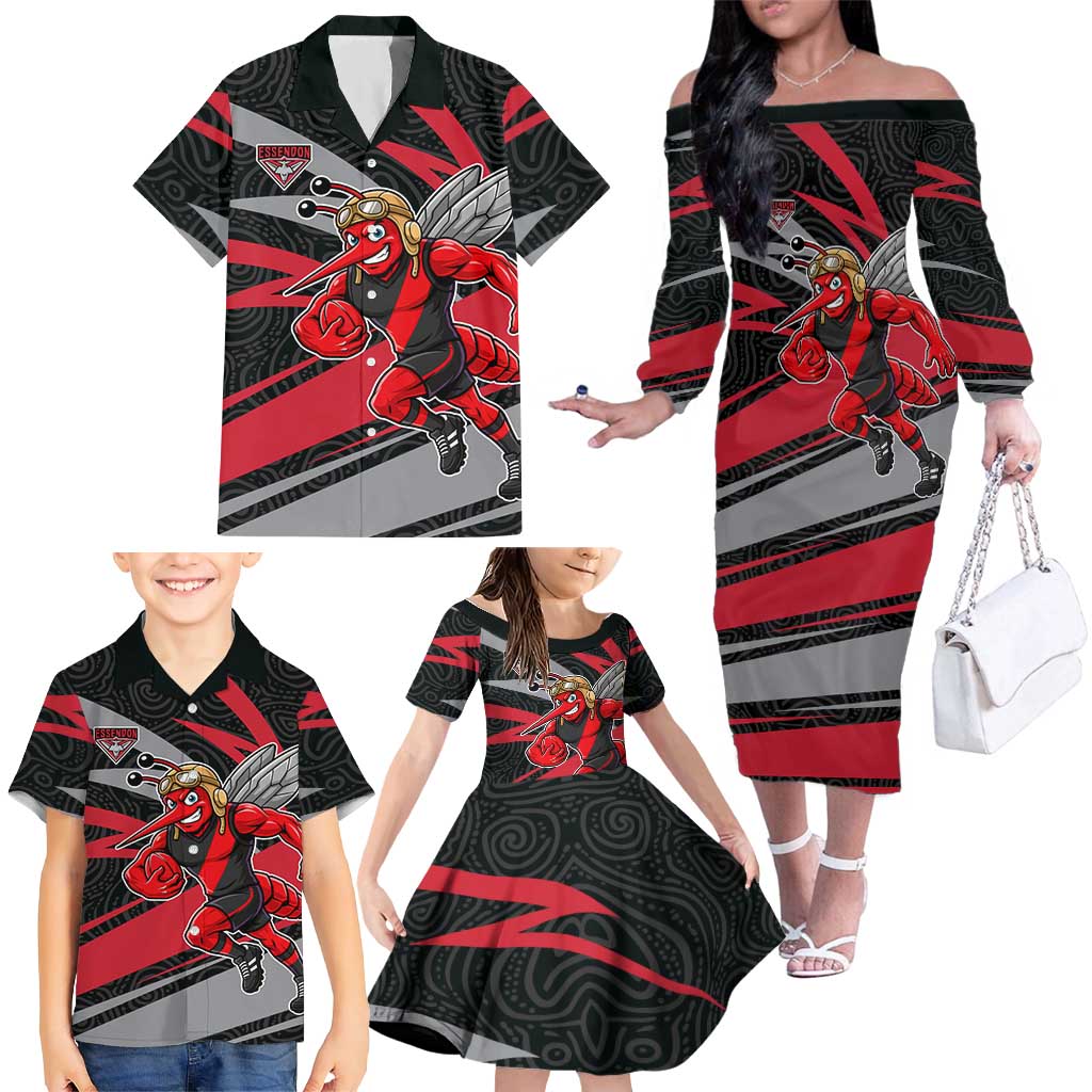 Essendon Bombers Australian Football Family Matching Off The Shoulder Long Sleeve Dress and Hawaiian Shirt Skeeta Mascot With Indigenous Pattern Art