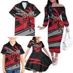 Essendon Bombers Australian Football Family Matching Off The Shoulder Long Sleeve Dress and Hawaiian Shirt Skeeta Mascot With Indigenous Pattern Art