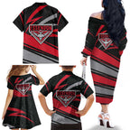Essendon Bombers Australian Football Family Matching Off The Shoulder Long Sleeve Dress and Hawaiian Shirt Skeeta Mascot With Indigenous Pattern Art