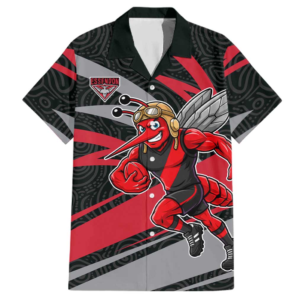 Essendon Bombers Australian Football Family Matching Off The Shoulder Long Sleeve Dress and Hawaiian Shirt Skeeta Mascot With Indigenous Pattern Art